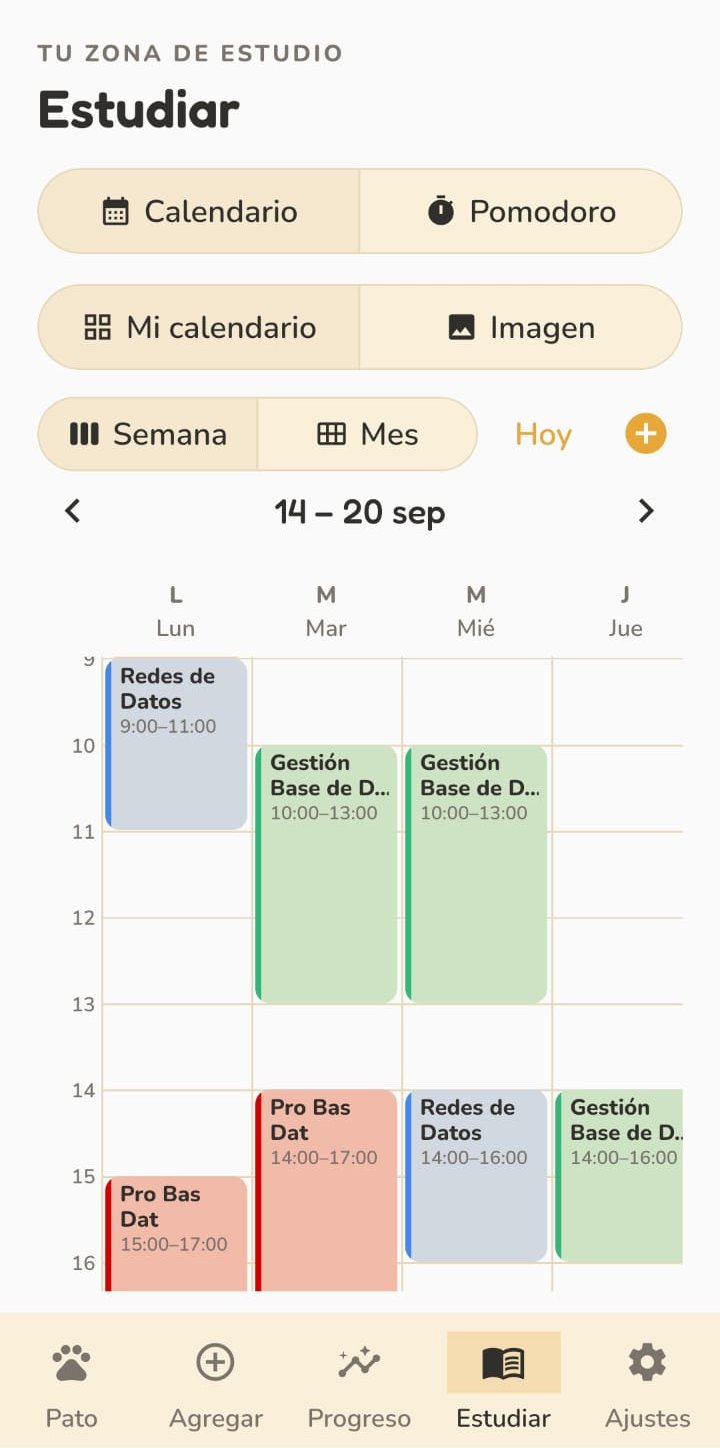 Calendario semanal de Habit Duck con el horario de clases por colores